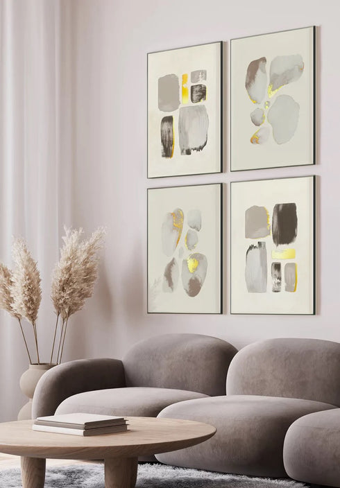 Złoty Zestaw 4 Plakatów Kremowe Pociągnięcia Pędzlem + 4 Ramki Czarne 50x70cm